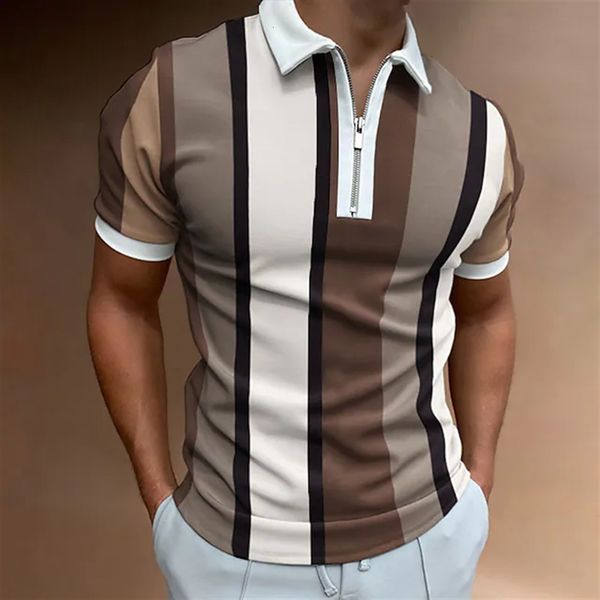 

men's polos polo shirt for men summer men's daily short sleeve striped golf plain clothing men shirts turn-down collar zippers te, White;black