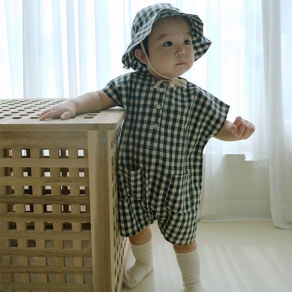 

rompers summer baby sleeveless plaid romper hat cotton infant boy plaid jumpsuit fashion baby girl casual clothes 230418, Blue