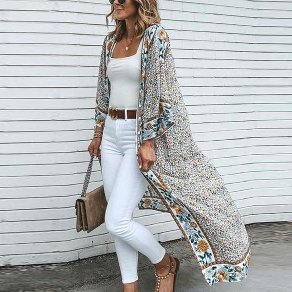 

women's blouses shirts teelynn kimono cardigan long women blouse shirt vintage floral print boho robe beach cover up summer cover up wr, White