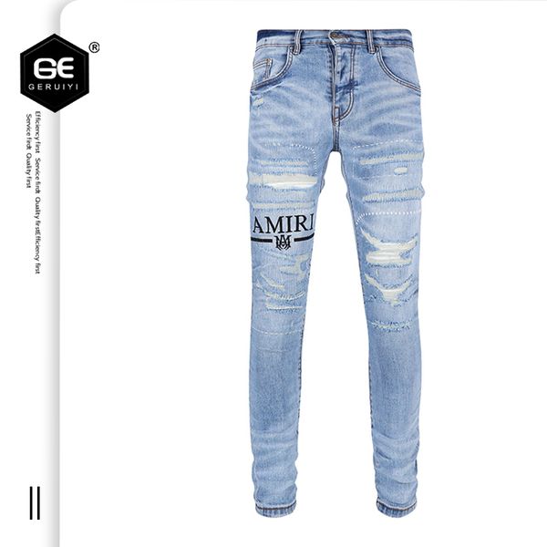 

black 2023 new fashion men's jeans american trengy men's slim pants straight casual ripped hole high street design trousers y2k st, Blue
