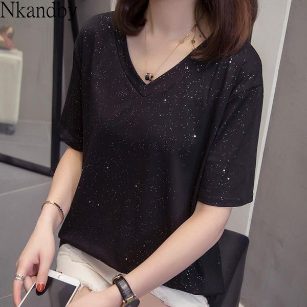 

t-shirt shining woman tshirts summer korean v neck female tshirts short sleeve oversized t shirt night sky design, White