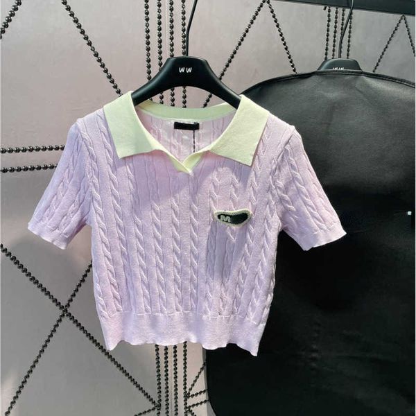 

fashion knitted t shirt womens short sleeve r tshirt lapel polo shirts embroidered letter pullover girl knitwear, White