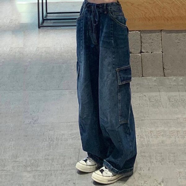 

jeans rimocy harajuku wide leg baggy jeans women 2022 autumn pockets high waist cargo pants woman dark blue streetwear trousers female