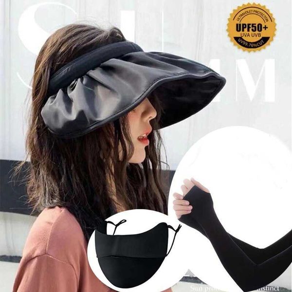 

other fashion accessories 3pcs set sun hat ice sleeve face mask foldable wide large brim beach hats empty visors cap headband sun uv protect, Silver