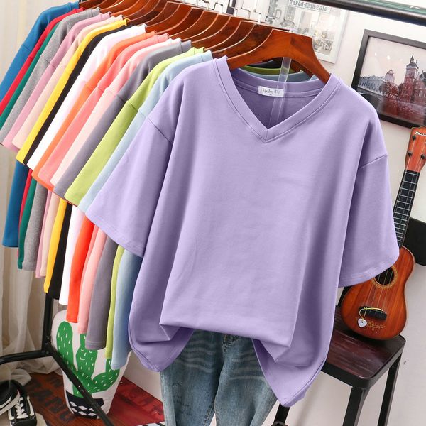 

women's t-shirt plus size t shirt 100% cotton l-4xl t shirts women solid tshirt basic short sleeve summer v neck oversized t shirts 230, White