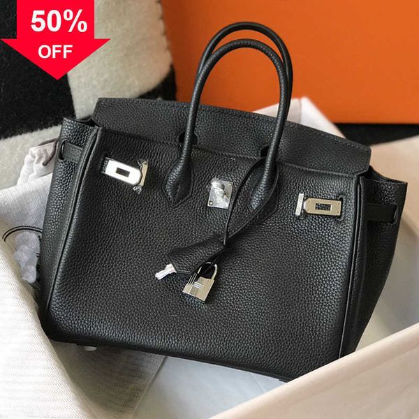 

25/30/35cm tote bag large handbag women shoulder bags shopping cowhide grain genuine leather silver stamped lock fashion letter birkin handb