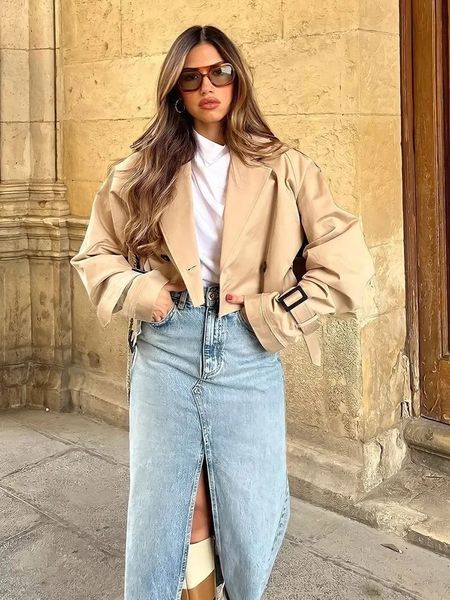 

women's jacket short windbreaker 2023 fashion loose cropped cut out style trench coat vintage long sleeve female outerwear chic o 23041, Black;brown