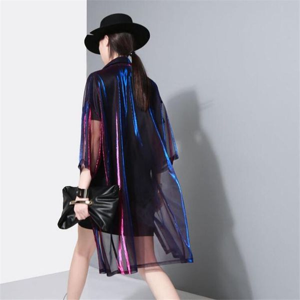 

shirts holographic colorful long shirt women harajuku seethrough sunscreen shirt fashion elegant blouses, White