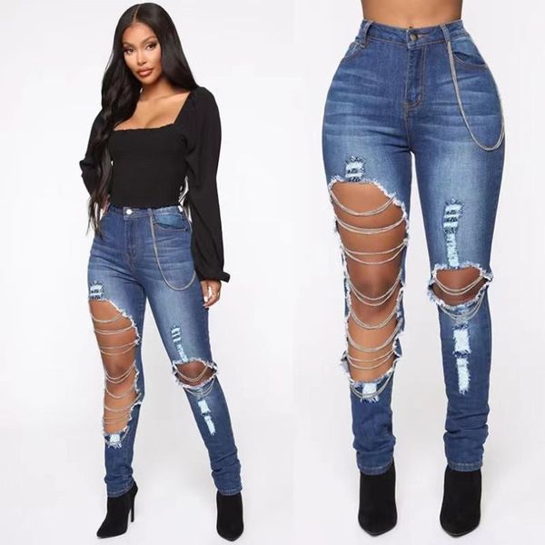 

jeans y2k fashion women's slim jeans solid color ripped chain hanging stretch high waist denim pencil trousers, Blue