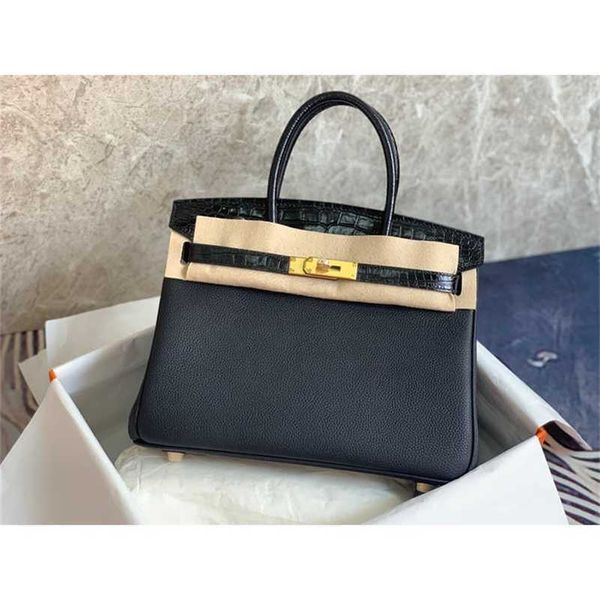 

family h bag leather birkins tote designer crocodile handmade tc cow 25cm 30cm black alligator wrist wax thread portable touch for women ori