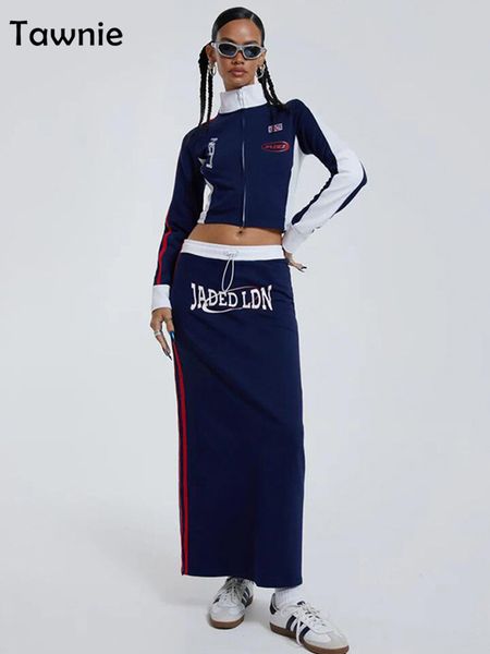 

two piece dress tawnie fall set long sleeve zip up crop jackets and maxi skirts 2 sets femme y2k outfits streetwear 230418, White