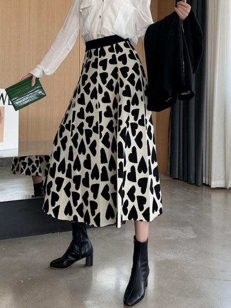 

dresses hma new autumn and winter knitted big swing skirt women's love midlength korean style skirt jupe, White;black