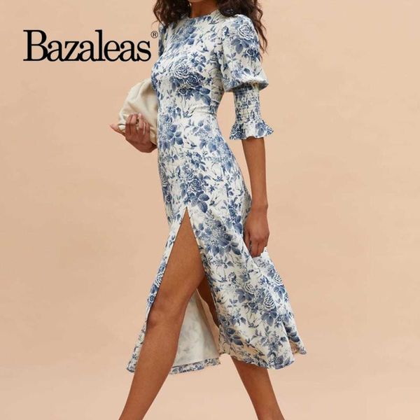 

dresses bazaleas chic blue big floral print split girl dress retro o neck half flare sleeve vestidos vintage midi dresses, Black;gray