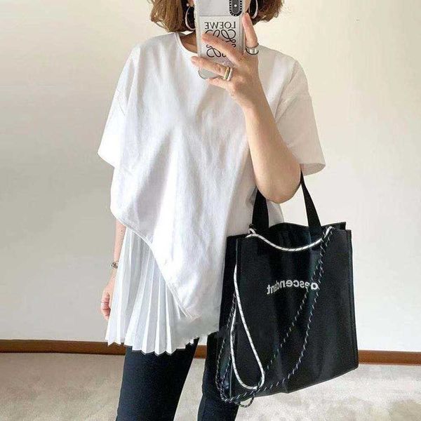 

japanese/korean 2023 style ins women's pleated loose fitting shirt with round neck spring/summer cotton medium length t-shirt, White