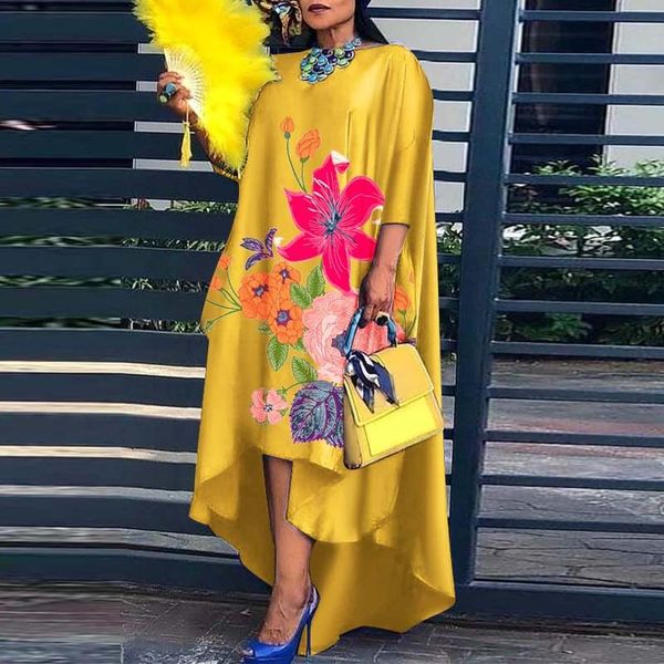 

dresses vintage floral printed o neck dress 2022 summer spring asymmetric hem pleated vestidos vonda casual 3/4 sleeve beach sundress, Black;gray