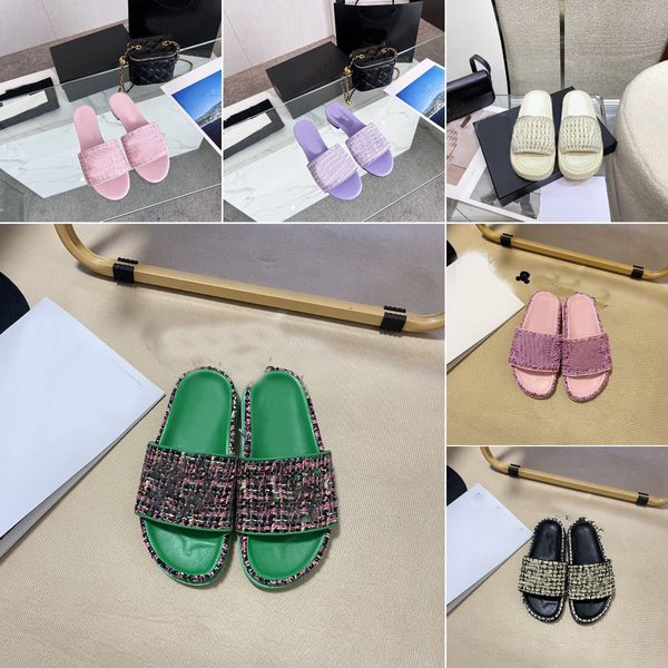 

women tweed leather straw woven slides sandals slip on wedge flats fashion beach mule brand flip flops casual slides shoes platform chain ru, Black