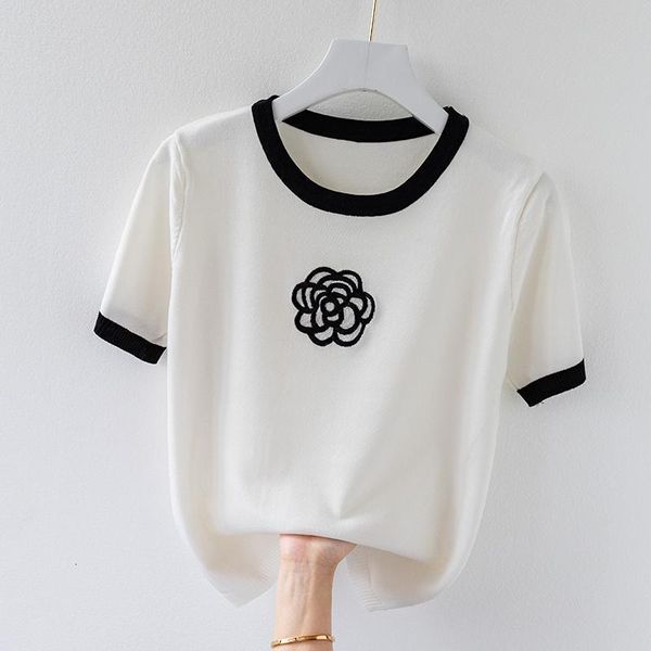 

women's t-shirt knitted t shirt for women summer flower embroidery designer luxury clothes slim women's short fashion short sleev, White