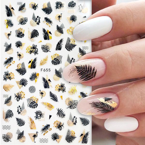 

1pcs black laser gold autumn leaf 3d nail sticker coconut tree leaf pattern adhesive transfer sticker shiny diy nail decoration nail artstic