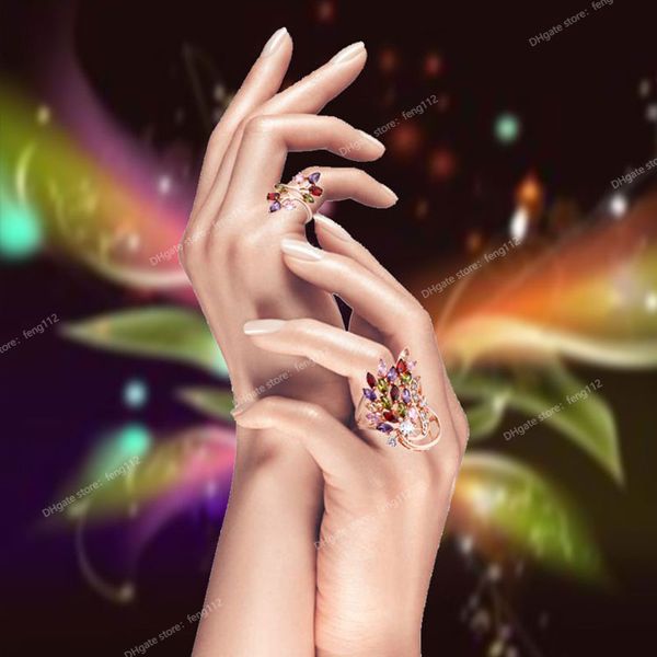 

original 9 styles multicolor sparkling women ring boho stylish cz zircon crystal flower jewelry roses gold design party rings fashion jewelr, Golden;silver