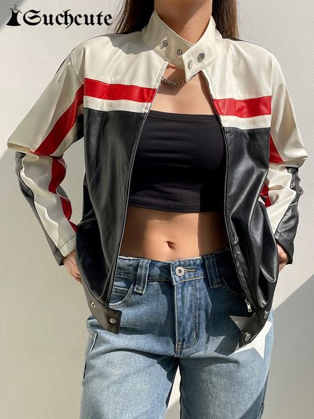 

women's leather faux suchcute motorcycle contrast stripe print pu jackets punk style o neck jacket zip up moto biker women street cloth, Black