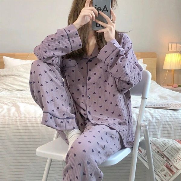 

women's sleepwear spring ladies pajamas set heart printed crepe cotton double-layer gauze turn-down collar long-sleeve trousers househo, Black;red
