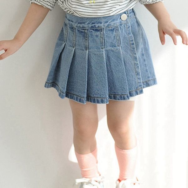 

skirts summer girls sweet denim pleated skirt fake twopiece skirt pants children korean skirt 230417, Blue