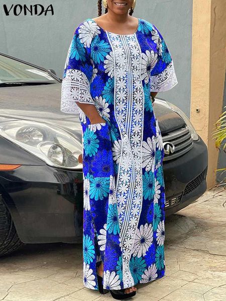 

dresses vonda summer party sundress women lace patchwork printed bohemian dress 2022 casual loose pocket 3/4 sleeve oversized maxi dress, Black;gray