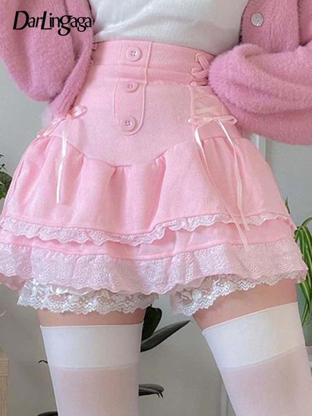 

dresses darlingaga lolita style sweet pink lace trim high waist mini skirt women harajuku korean tie up pleated skirt double layer cute, White;black