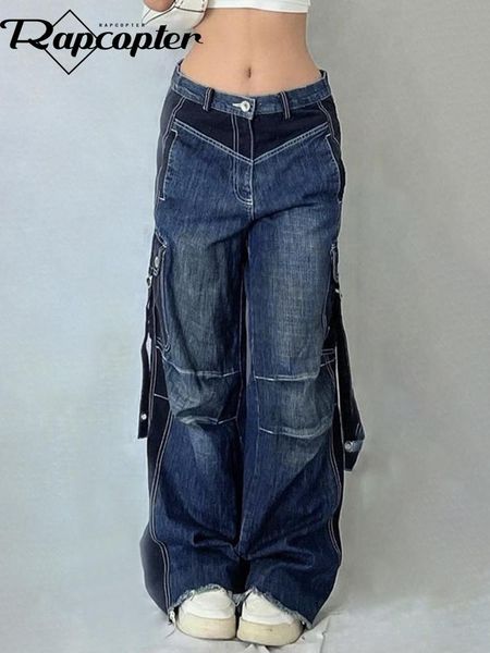 

jeans rapcopter y2k tie dye cargo jeans zipper bandage distressed vintage punk 90s pants fashion women streetwear jeans korean chic, Blue