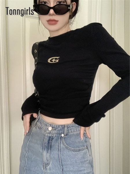 

women's t-shirt tonngirls y2k black t shirt women clothes crop long sleeve autumn spring grunge aesthetic slim skinny tee shirt femme, White