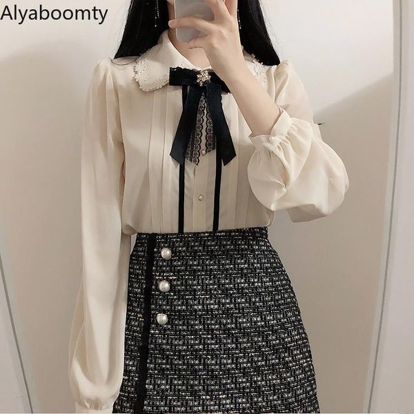 

shirts 2022 spring autumn women sweet office shirt turndown collar beige pink floral bow blouse elegant korean chic feminine blusas, White