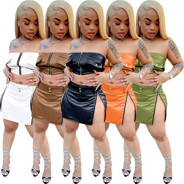 

new designer summer leather dress sets women strapless crop and split mini skirt two piece sets casual pu zipper skirt suits wholesale cloth, Black;gray