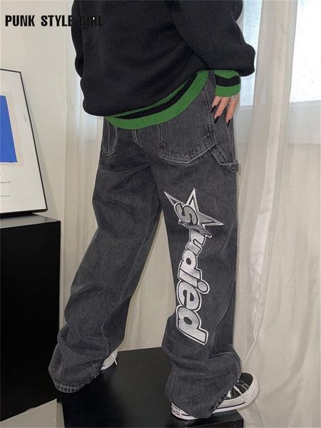 

capris letter wide leg jeans cyber y2k blue baggy cargo pants women's egirl embroidery harajuku pants lovers casual hippie trousers bf, Black;white