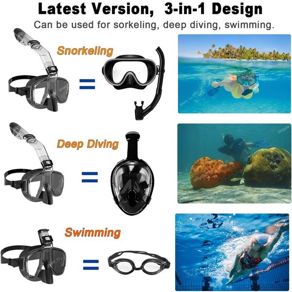 

diving mask foldable anti-fog snorkel mask set with full dry system for swim professional snorkeling gear adults kids scuba diving and snork