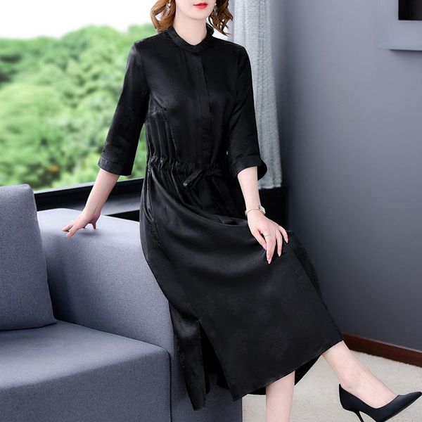 

dresses 2022 black natural silk jacquard midi dress women korean vintage hepburn dress spring summer elegant bodycon casual party dress, Black;gray