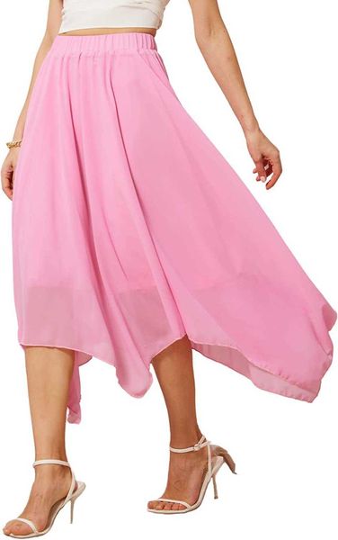 

verdusa women's asymmetrical hem elastic waist chiffon flowy long skirt, Black