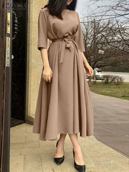 

dresses zanzea 2022 elegant women summer sundress solid dress half sleeve midi vestidos belted female o neck casual holiday robe femme, Black;gray