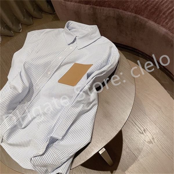 

fashion pu leather label striped shirt with logo pure cotton lapel casual long sleeve for women white blue sml