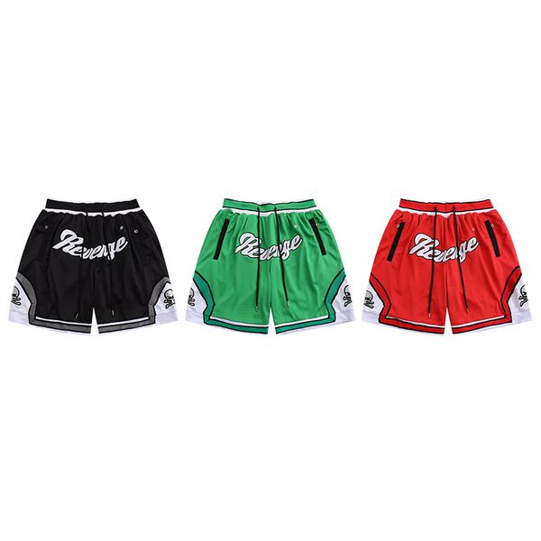 

designer fashion shorts revenge double panel letter skull patch embroidered drawcord hip hop loose mesh basketball pants capris, White;black