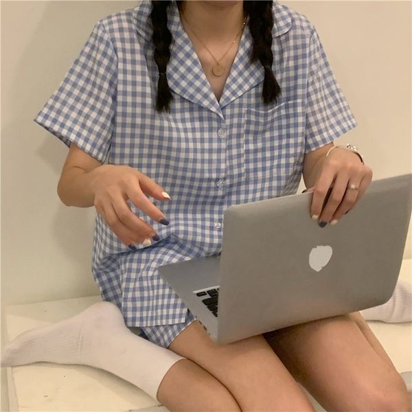 

women's sleepwear cute grid girls pajamas set korean summer short sleeve leisure sleepwear women loose nightwear homewear suit 230418, Black;red