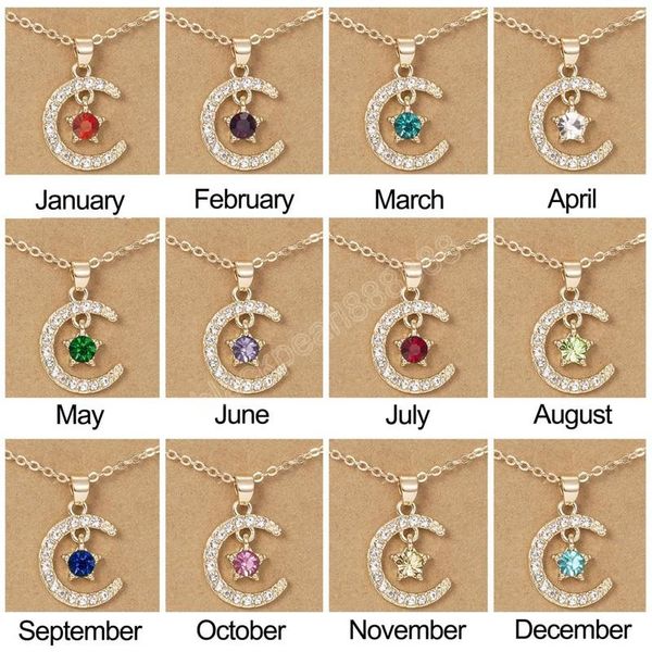 

trendy moon star birthstone pendant necklace wish card for women crystal gold color clavicle chain mom birthday jewelry gifts, Silver