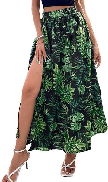 

shein women's summer boho floral print fringe split thigh full length maxi skirt, Black