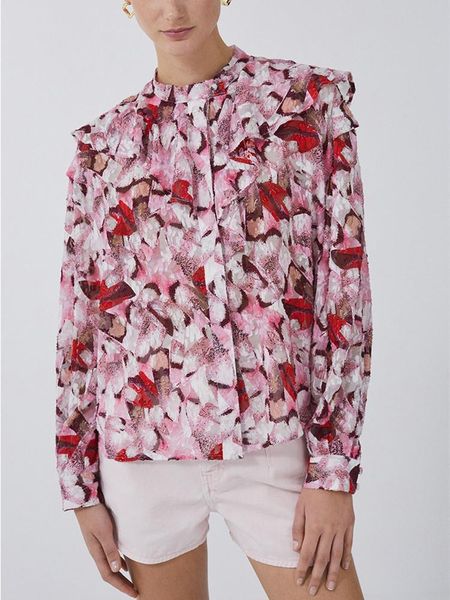 

shirts romantic french women floral printed ruffles shirt oneck ladies long sleeve single breasted blouse spring summer chemise, White