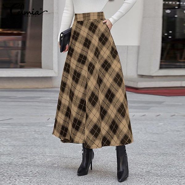 

dresses vintage plaid long skirts women celmia 2022 autumn party skirt loose casual office high waist maxi skirts skirt 7, Black;gray