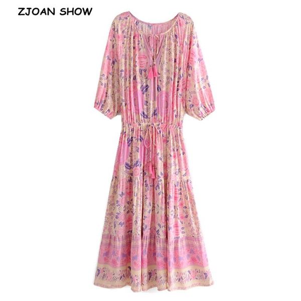 

dresses 2021 spring bohemia tassel lacing up collar pink flower print dress boho woman adjust waist maxi long holiday dresses beach, Black;gray