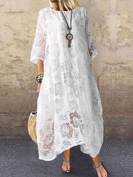 

dresses solid women summer lace hollow long dress female half sleeve tennis floral embroidery print maxi dress casual loose party dress, Black;gray