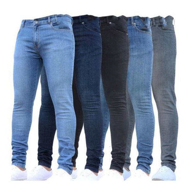 

men's jeans fashion ripped skinny tight leggings vintage wash solid slim fit pencil denim trouser 230418, Blue