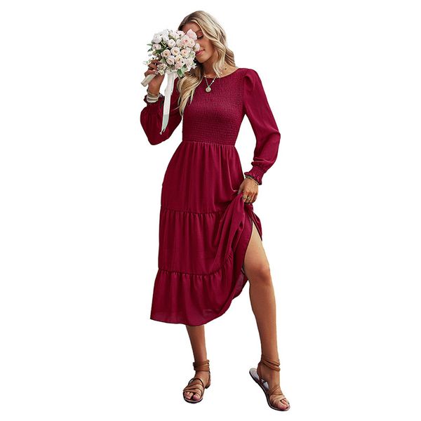 

puff long sleeves women's vacation casual dresses crew neck mid-calf midi a-line high waist ruches panelled bodycon chest ruffles sweep, Black;gray