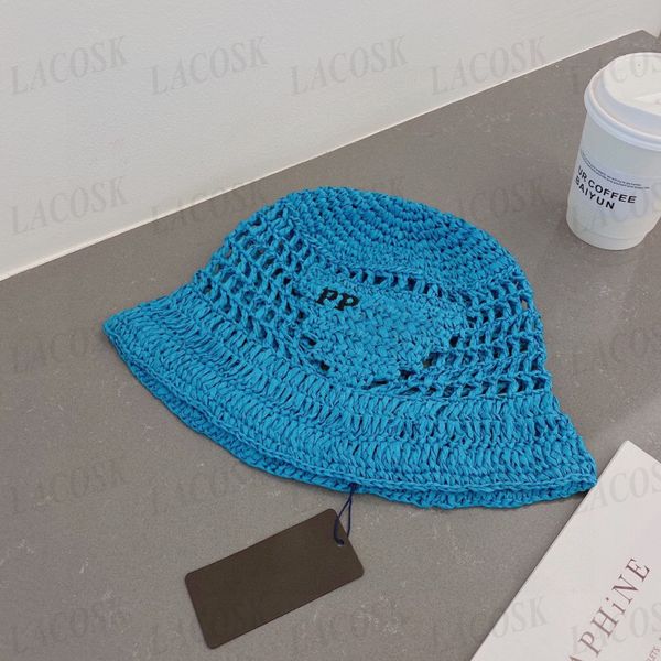 

23 straw handmade hat woman designer bucket embroidered letters cap summer beach man braid fisherman hat with 6 colors, Blue;gray