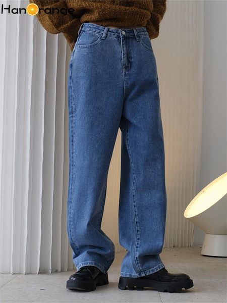 

jeans hanorange 2022 autumn fashion vintage high waist wide leg jeans women loose boyfriend style casual trousers female blue